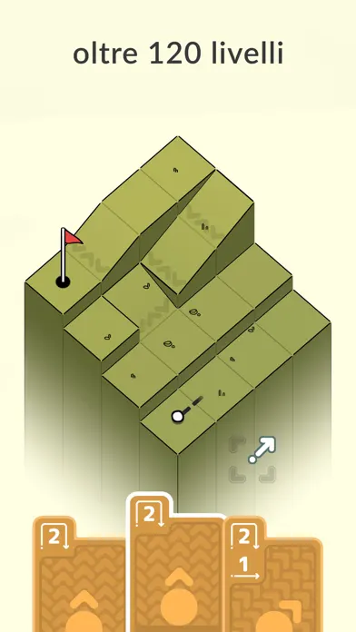 Livello isometrico di Golf Peaks con la bandierina rossa in cima a una collina a gradoni e tre carte movimento numerate in basso.